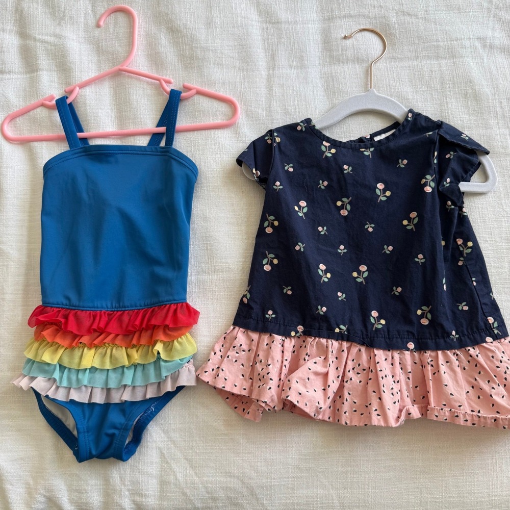 Hanna Andersson Baby Girl Rainbow Ruffle Swimsuitβ and Floral Dress Bundle 70 80